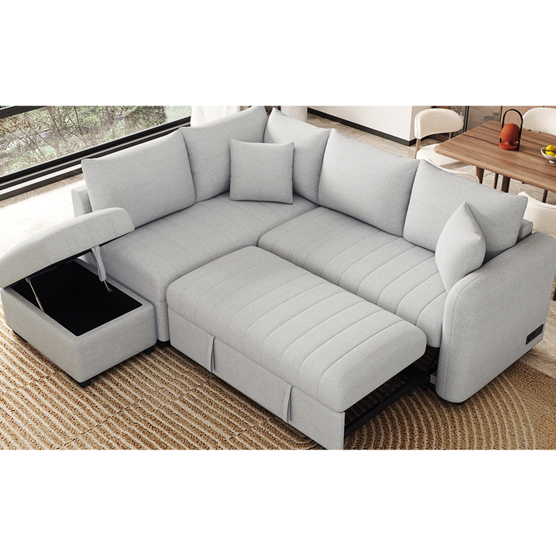Grey L-shaped Bed Sleeper, Equipped With Movable Storage, Ports, Power Sockets And A Cushion Pull Out In Grey, 2 Frame