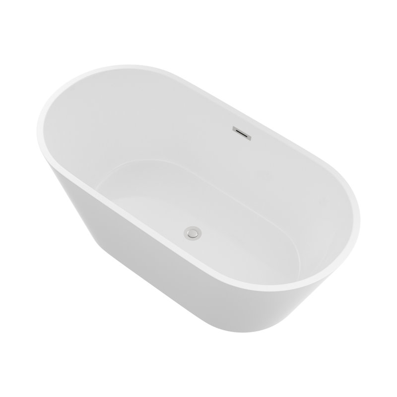 59"x29.5" Freestanding Acrylic Oval Shape Soaking Bathtub with Chrome Pop-up Drainer Glossy White Bath Tub with Chrome Overflow Drain