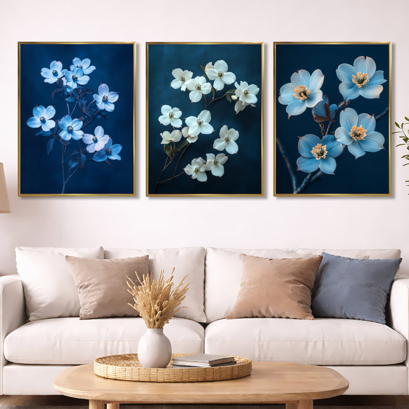 Décoration murale 3 pièces Moody Blossom Contrast - cornouiller, Cadre flottant doré, H 32 po x l 72 po