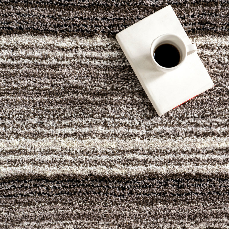 Tapis rayé multicolore gris / brun à poils longs touffeté à la main Panitz, Tapis de couloir 2 pi 6 po x 12 pi
