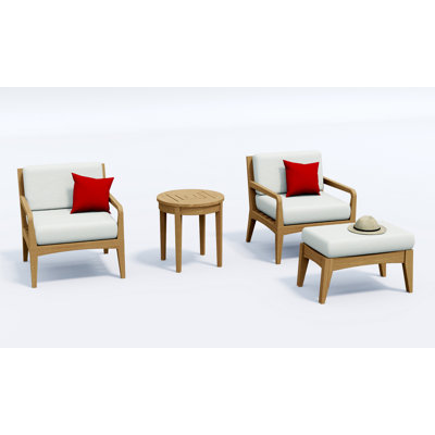 Ensemble de chaises longues en bois de teck 4 pièces Teakstation: 2 chaises longues, repose-pieds et table d'appoint ronde avec coussins en tissu extérieur Sunbrella # 5404