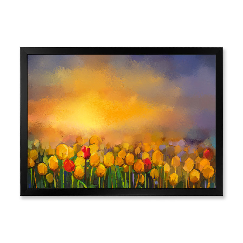 «Yellow Tulips Field On Mystic Sunrise», reproduction sur toile flottante, H 8 po x l 12 po x P 1 po, Cadre noir