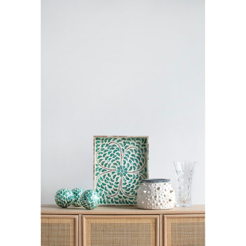 Set of 3 Decorative Ceramic Orbs with Green Capiz Shell Mosaic, 4” Accent Spheres for Mantel, Tabletop, Tray, Bowl, or Centerpiece Display