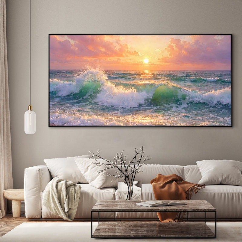 Très grande reproduction d'art sur tissu - Vagues océaniques vives au coucher du soleil avec reflet doré pour le salon - «Assemblage requis du cadre (cadre non fini)»