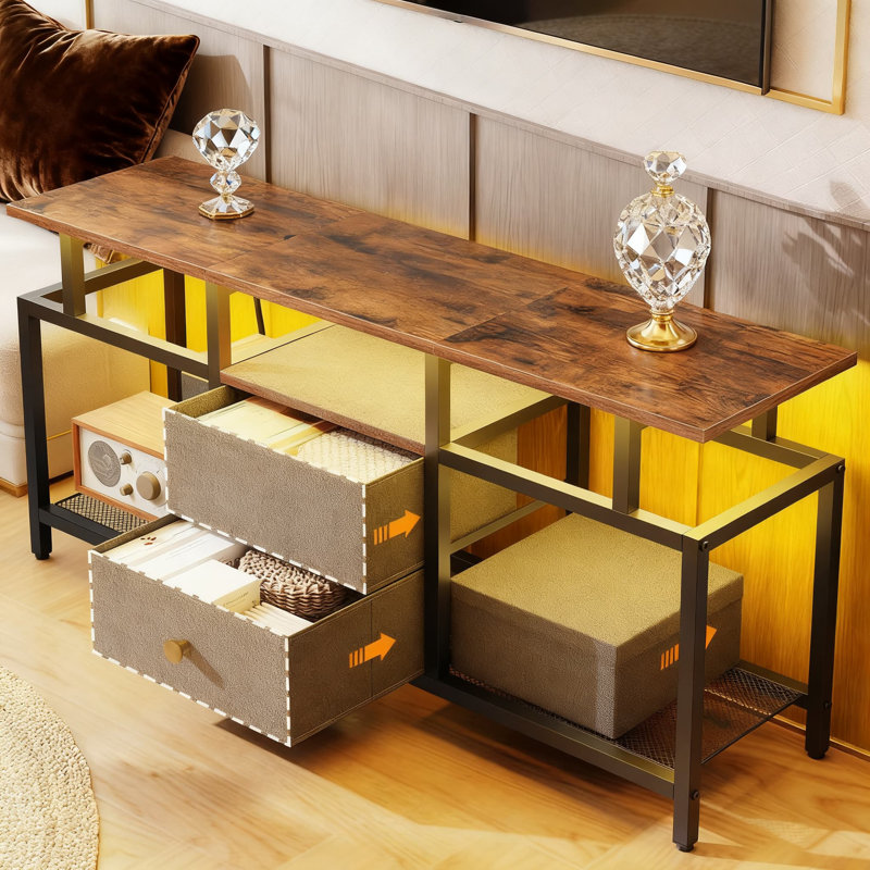 Meuble télé à DEL avec prises de courant et tiroirs en tissu, centre de divertissement moderne avec tablettes ouvertes pour téléviseur de 45 po ou moins, console multimédia pour le salon