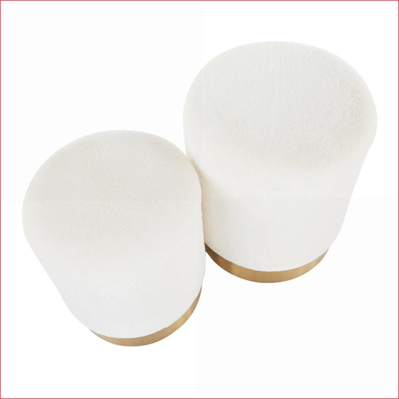 Nesting Ottomans Set of 2, Contemporary Cream Plush with Gold Metal Base | Gold | Metal, Cream
