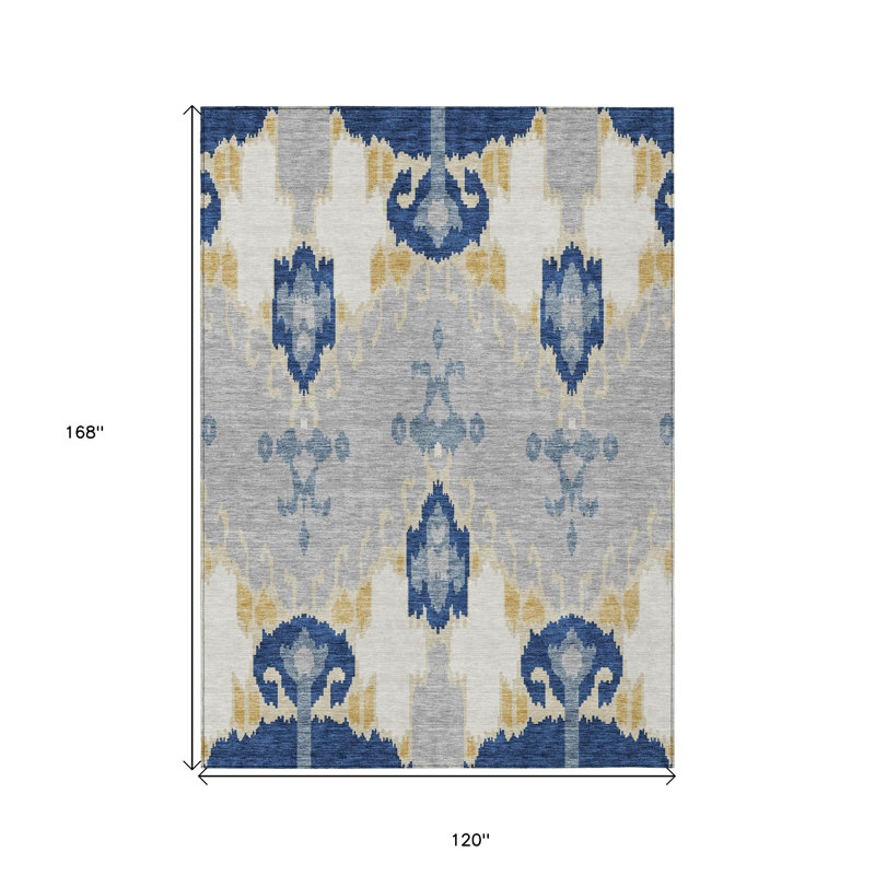 Tapis d'intérieur / extérieur lavable en ikat ivoire et gris 10 pi x 14 pi bleu marine