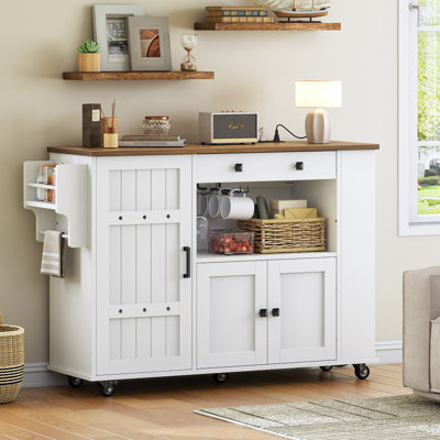 47.2" Mobile Kitchen Island with Storage Cabinet and Power Outlet, Rolling Storage Table with Drawer, Glass Holder and Spice Rack, for Kitchen, Dining