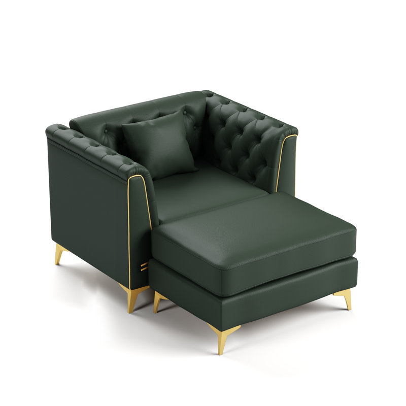 Canapé Chesterfield modulaire 1 place en similicuir vert de 40,1 pouces avec capitonnage à boutons et accoudoirs à garniture métallique