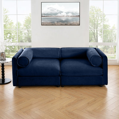 Stylish Blue Chenille 2-seater Sofa With Storage Seat, Cylindrical Backrest And Armrests, Modern Fabric Loveseat Featuring Hidden Storage Space