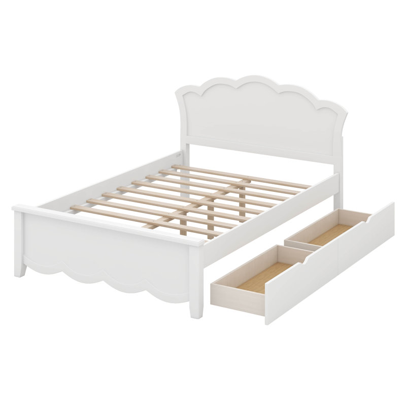 Lit plateforme en bois avec tête de lit à fleurs et deux tiroirs, Double
