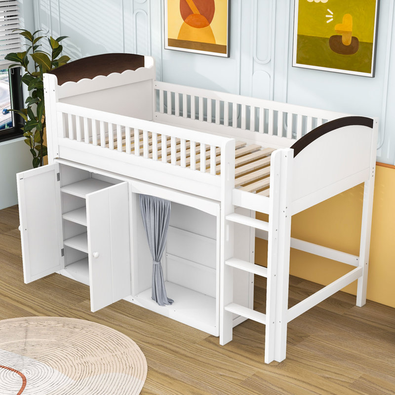 Loft Bed with Cabinet, Wardrobe and LED, Twin, White/Espresso