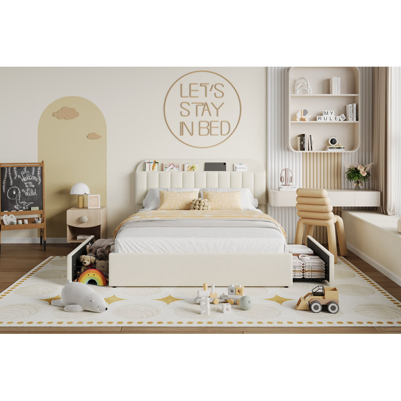 Cadre de lit avec 2 tiroirs de rangement, cadre de lit pour enfant avec tête de lit de rangement, cadre de lit rembourré