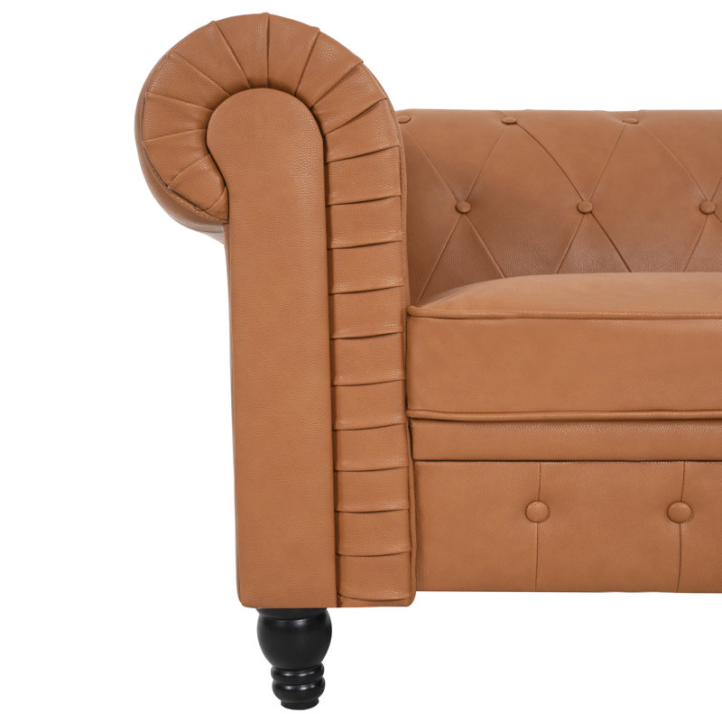 Sanor Modern Leather Chesterfield Loveseat – Button Tufted Sofa Couch with Arms for Living Room, Caramel