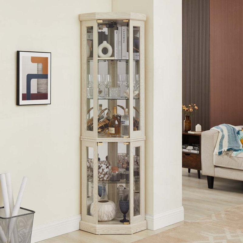 Corner Display Cabinet with Tempered Glass Doors & Shelves,Built-in Lighting, Antique White