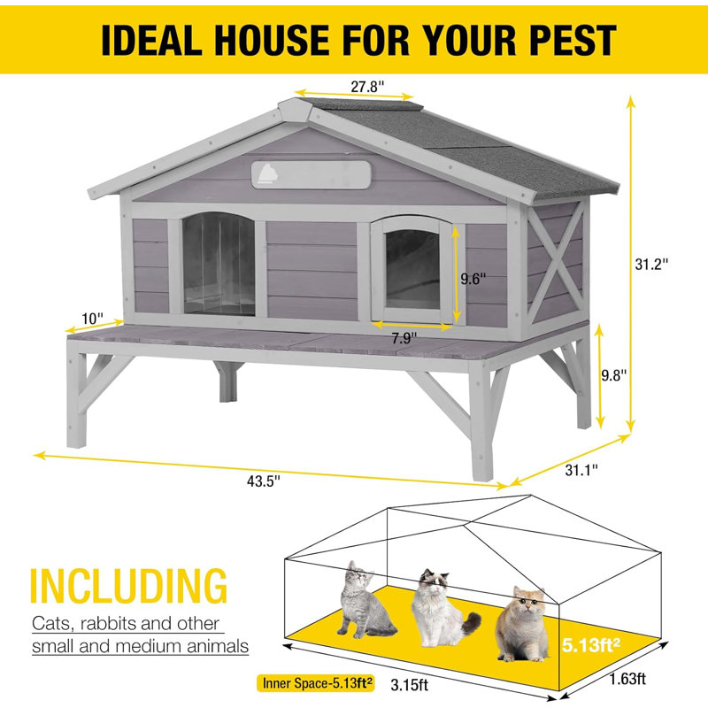 Outdoor Cat House, Large Weatherproof Roof, 100% Wooden, Outside Feral Cat Shelter for Winter, No