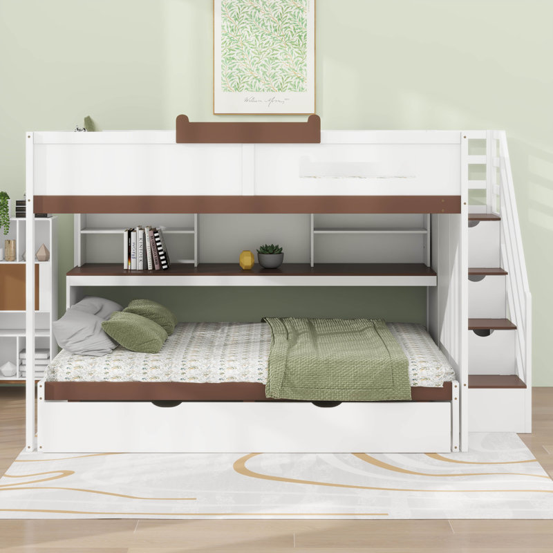 Lit superposé double au-dessus de double avec escalier de rangement et lit gigogne, lits superposés en bois avec tablettes de rangement légères et sous le lit Uppeer
