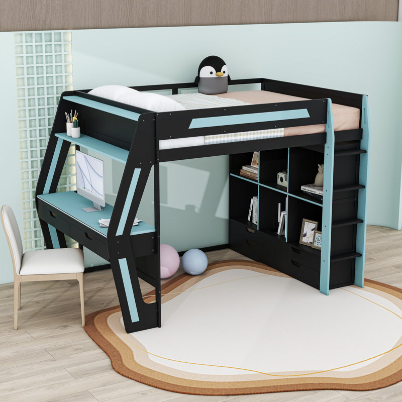 Lit mezzanine double en bois avec tiroirs, bureau, tablettes, ports USB et lumières DEL, Black Blue