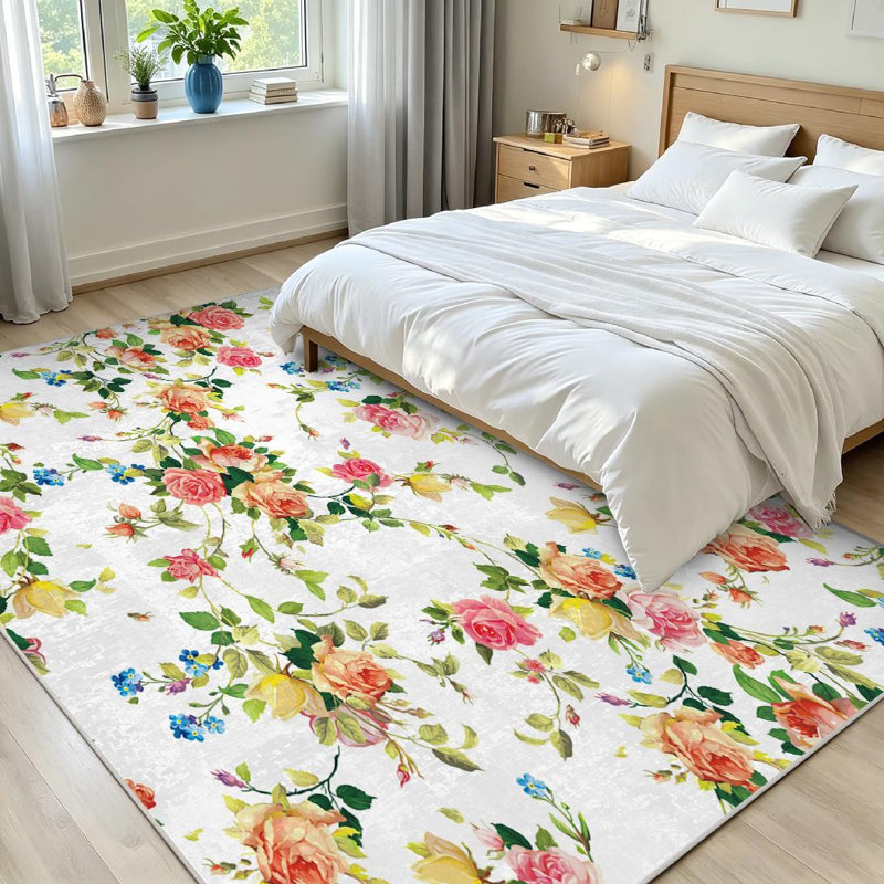 Green Classic Vintage Flower White Floral Rose Shabby Chic Leaf Machine Washable Indoor Area Rug, Rectangle 71" x 98"