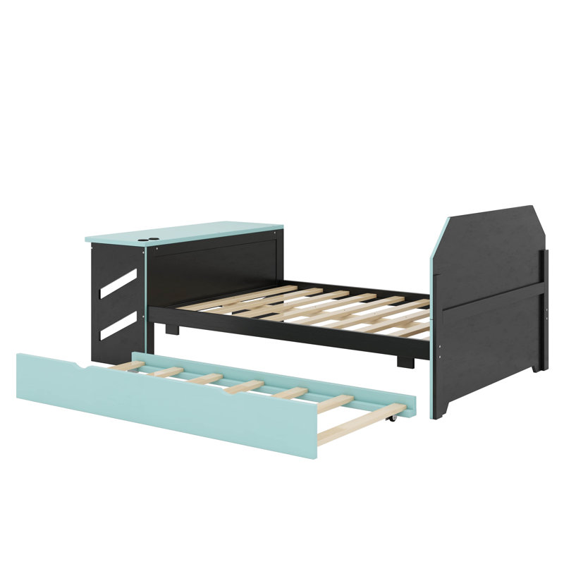 Full Size Wooden Daybed – Includes Twin Trundle Bed, Desk & USB Charging Stations, Cloud Blue