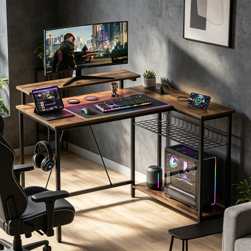 L-Shaped MDF Computer Desk, 90 cm H x 107 cm W x 80 cm D, Rustic Brown/Black