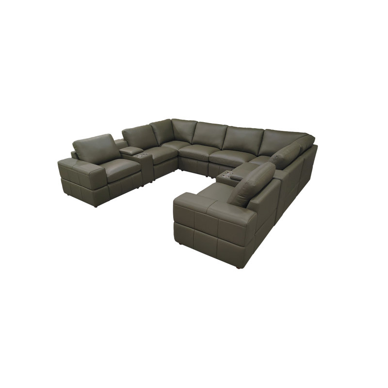 Canapé modulaire à large accoudoirs en cuir assorti, Vert olive