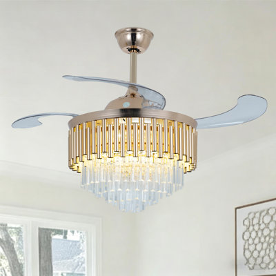 Gold Crystal Ceiling Fan With Lights, 3 Color Dimmable, Remote Control, Quiet Flush Mount For Bedroom