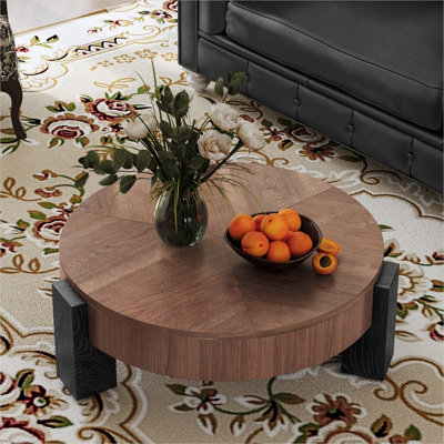 Table basse ronde de 33 pouces, style Wabi-Sabi moderne, placage de noyer et noir mat
