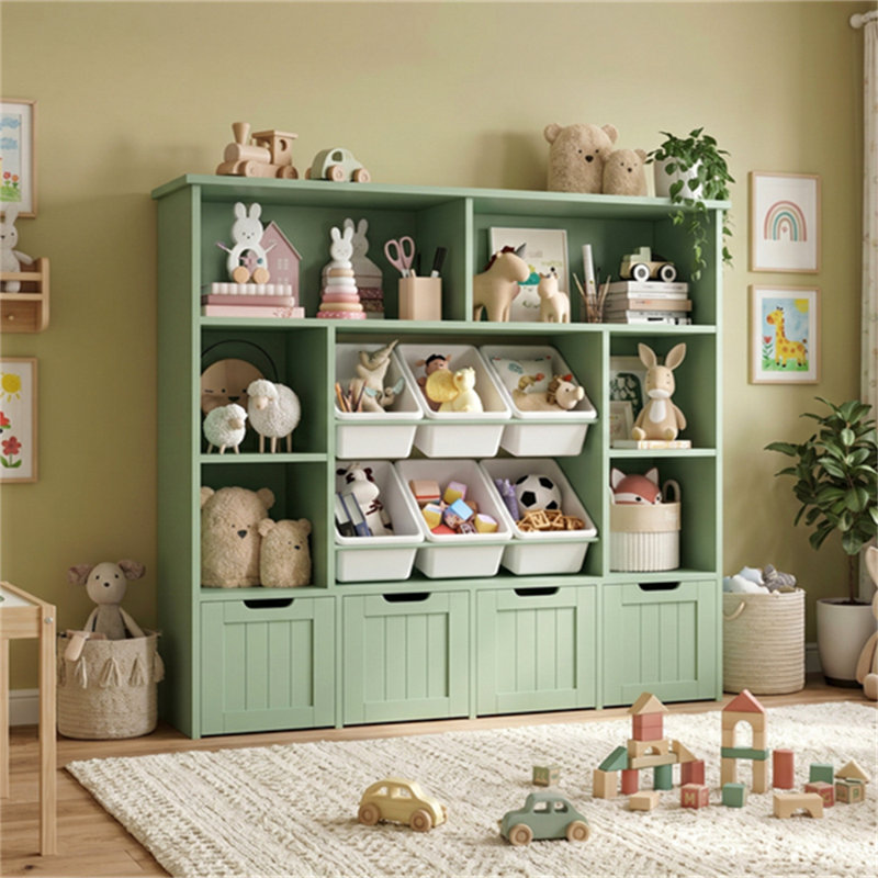 49.4" W Kids Bookcase with 4 Removable Drawers, Cube Organizer, Green/White
