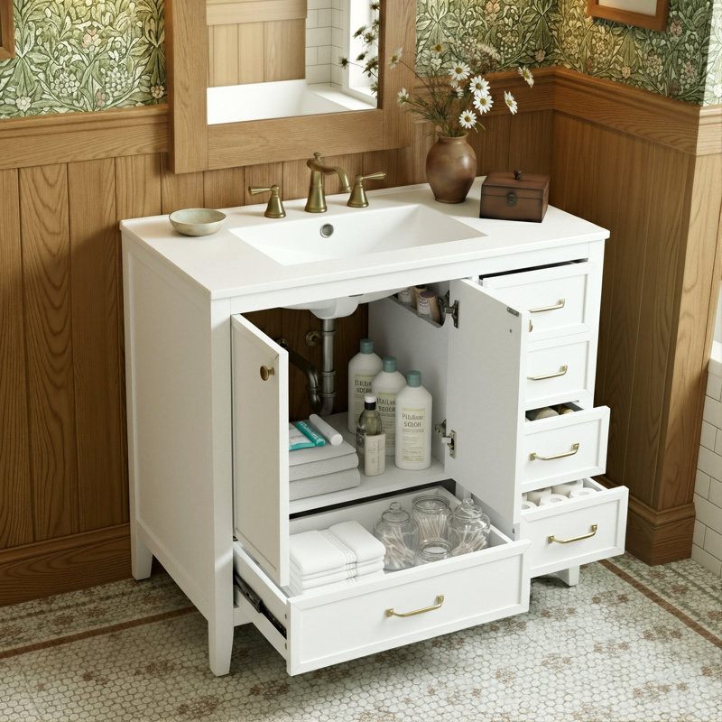 Meuble-lavabo simple sur pied 36 po avec lavabo en céramique, armoire à porte à fermeture douce et 4 tiroirs, Blanc
