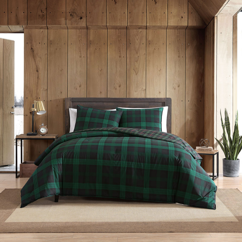 Full/Queen Green Cotton Woodland Tartan Reversible Duvet Cover Set