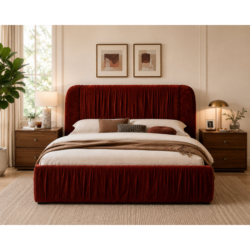 Lit de rangement relevable hydraulique Willma avec revêtement plissé, rouge vin, grand, Vin rouge, Queen