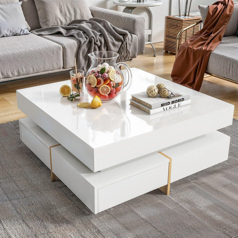 Table basse moderne à 4 tiroirs ultrabrillante, Blanc