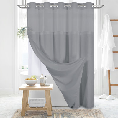 Waffle Instant Install Hook Shower Curtain with Snap-in Liner and Mesh Top Window, Modern Simple Elegant Fabric Shower Curtain Set for Bathroom