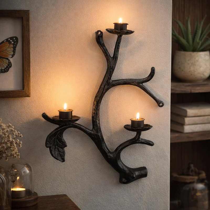 Tree Branch Candle Holder, 14 Inch Black Cast Iron, Holds 3 Candles