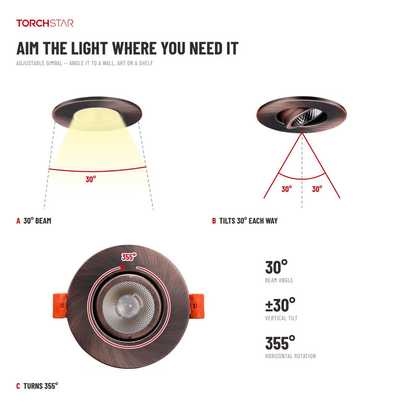 Spot encastré DEL 3 po 5CCT à cardan, IRC 90+, orientable et dimmable, avec boîte de jonction, étanche à l'air et conforme aux normes IC, finition bronze huilé.