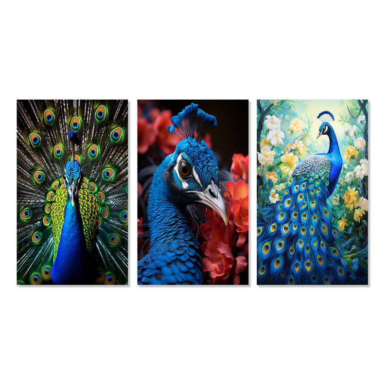 «Teal Radiant Peacock», 3 pièces sur toile, Toile tendue, H 28 po x l 36 po
