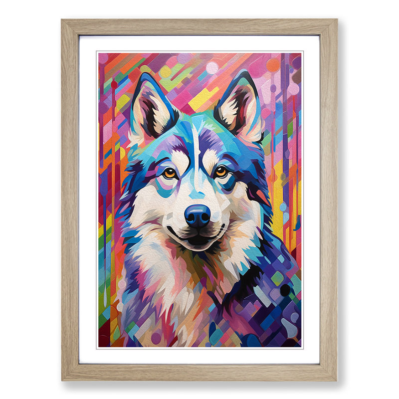 Husky Colour Field - Framed Print, 64cm H x 46cm W x 2cm D, Oak Framed