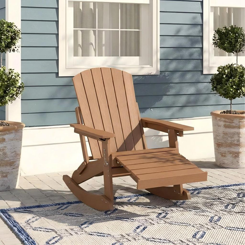 HDPE Outdoor Folding Adirondack Rocking Chair With Retractable Ottoman, Teak