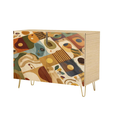 Sideboard Buffet Cabinet with Storage Premium Mid Century Abstract Furniture Surface Design Soft Grain with 2 Doors for Living Room and Kitchen