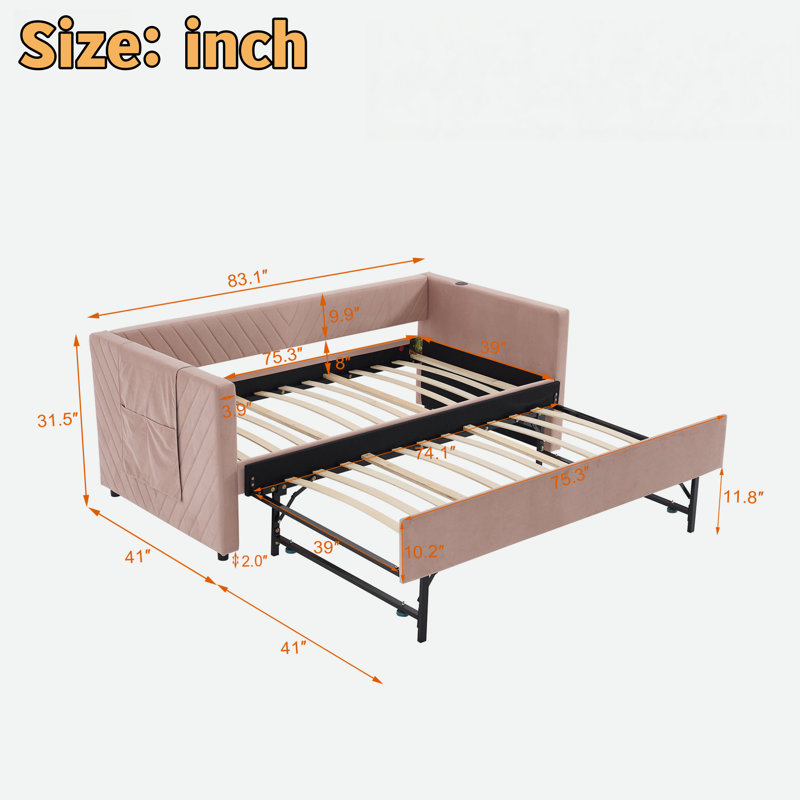 Upholstered Daybed With Trundle, Usb Port And Side Pockets, Pink