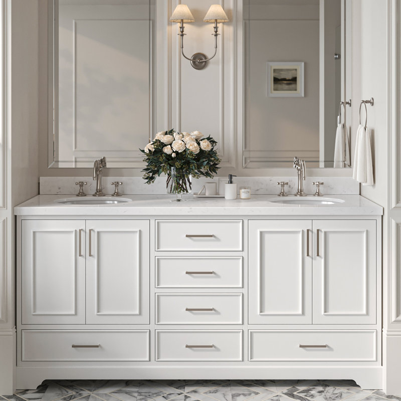 72.25'' Double Bathroom Vanity with Carrara Quartz Top, White