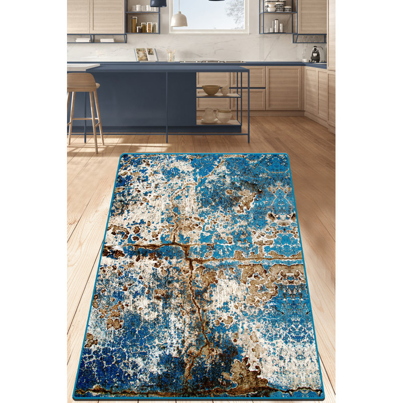 Tapis abstrait en polyester tissé à la machine blanc / bleu / beige Mccrimmon, Rectangle 3 pi 11 po x 5 pi 3 po