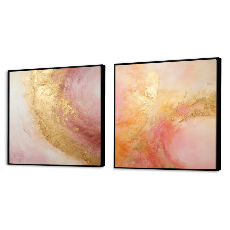 Doré rose désert Mirage Spiral I - abstrait spirales carrées ensemble de 2, Cadre flottant noir, H 16 po x l 33 po