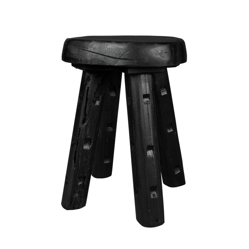 Ebonized Totem Stool (Tall) ~ Inspired by its charred, sculptural presence, this 100% reclaimed stool embodies both primal craftsmanship and modern minimalism, like a relic reborn in ebony.