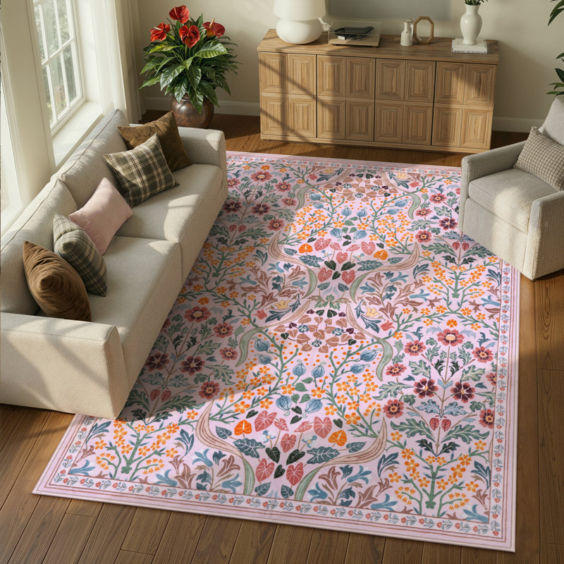 Kaldi Floral Washable Area Rug – Intricate Nature-Inspired Design, Non-Slip Soft Floor Mat for Living Room, Bedroom, and Entryway