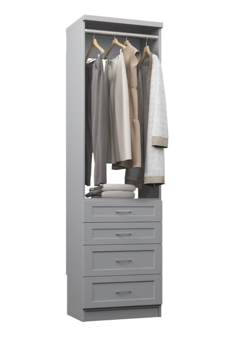 Tall gray closet organizer featuring an upper clothing rod with hanging apparel and four bottom storage drawers.