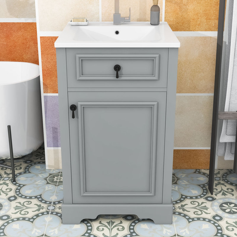 Meuble-lavabo de salle de bain avec lavabo, tablette réglable et porte à fermeture en douceur, Gris