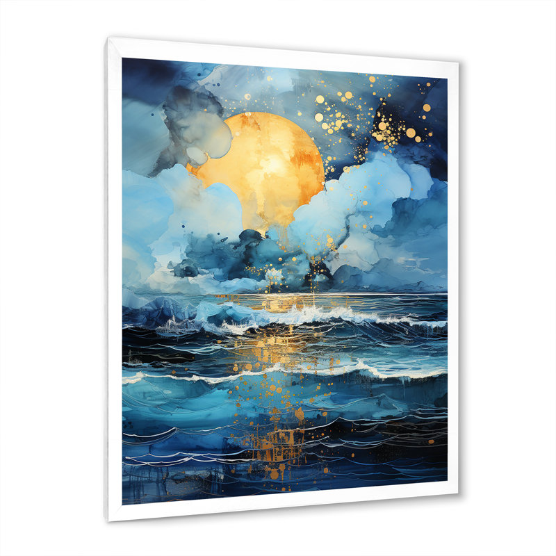 «Jaishon Teal Yellow Ocean Serenade Pastoral IV», reproduction d'art sur toile, Cadre photo blanc, H 32 po x l 16 po x P 1 po
