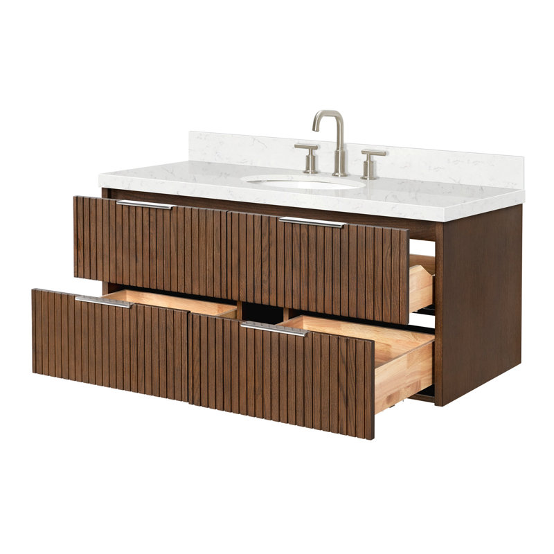 Meuble-lavabo mural simple 48 po avec comptoir à quartz blanc Carrara de 1,5 po Mulloy, Ovale, Chêne brun